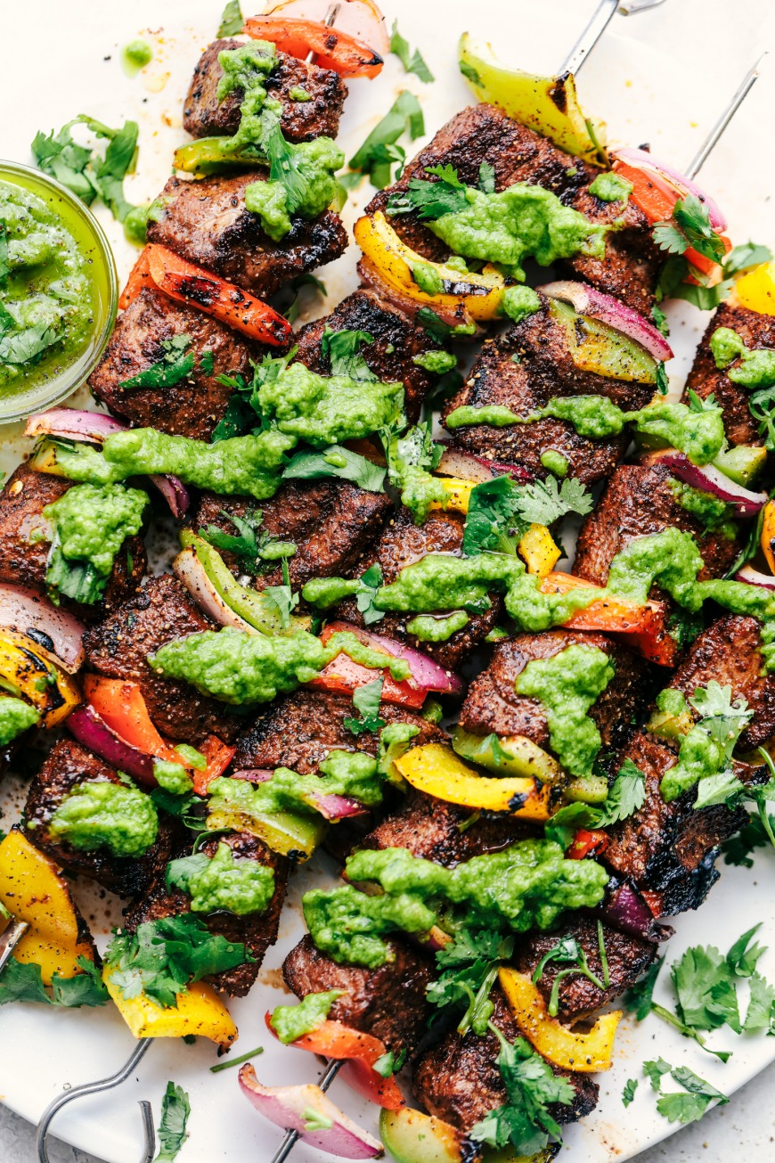 Grilled Steak Fajita Skewers with Avocado Chimichurri 